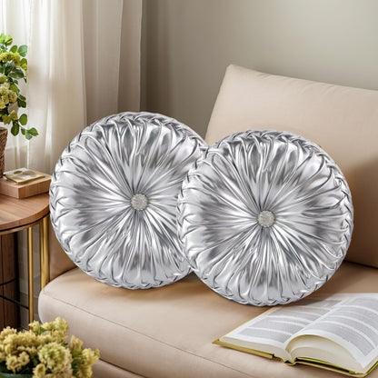 HIG Set of 2 Beige Velvet Decorative Round Pleated Throw Pillows