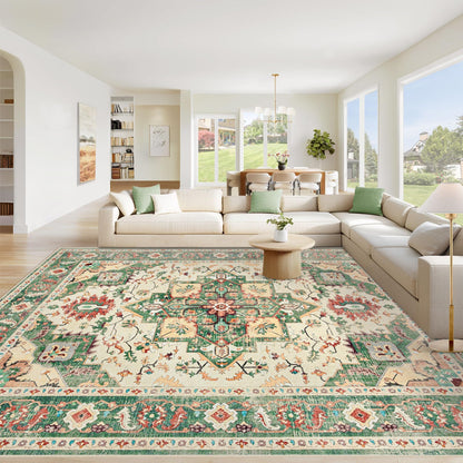 Area Rug 8x10 Washable Rug, Vintage Boho Medallion Rugs Non-Slip Soft Low Pile Large Distressed Rug Indoor Retro Carpet for Living Room Bedroom Dining Room Office Children's Room(Beige, 8'x10')
