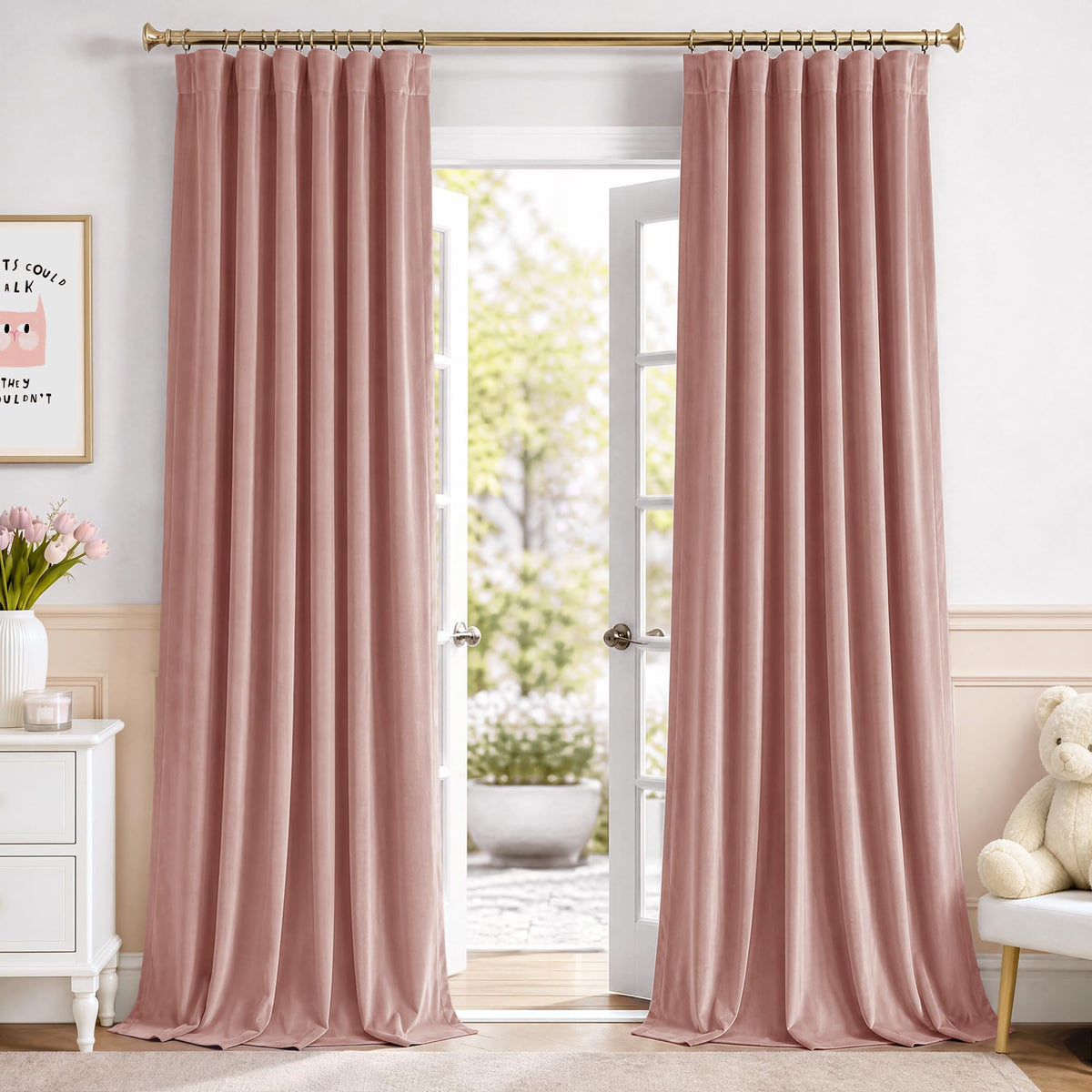 NICETOWN Olive Green Velvet Blackout Curtains 84" Long, 52" Wide, 2 Panels