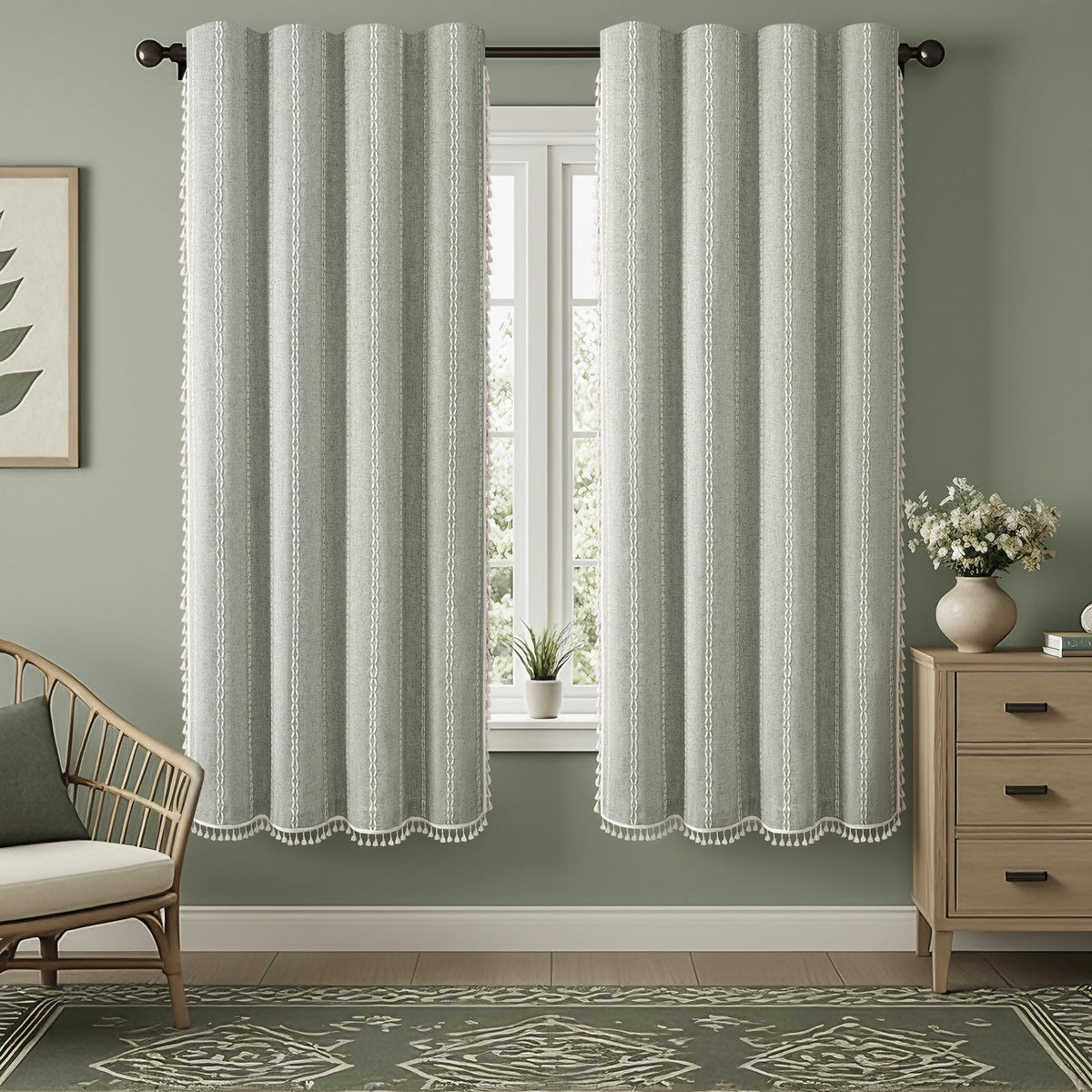 Boho 100% Blackout Curtains 84 Inch 2 Panels Linen Blend Beige