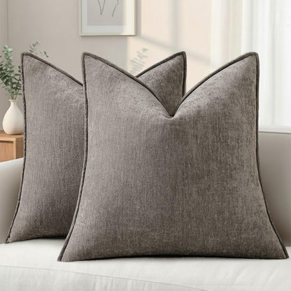 decorUhome Chenille Beige Velvet Throw Pillow Covers 18x18 Set of 2
