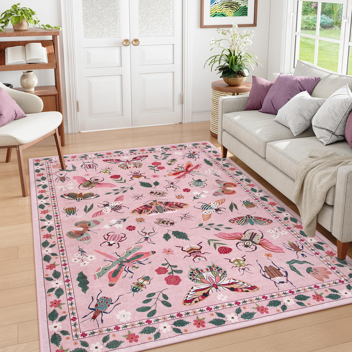 Lahome Bug Washable Area Rugs 5x7, Soft Green Rug for Living Room Bedroom