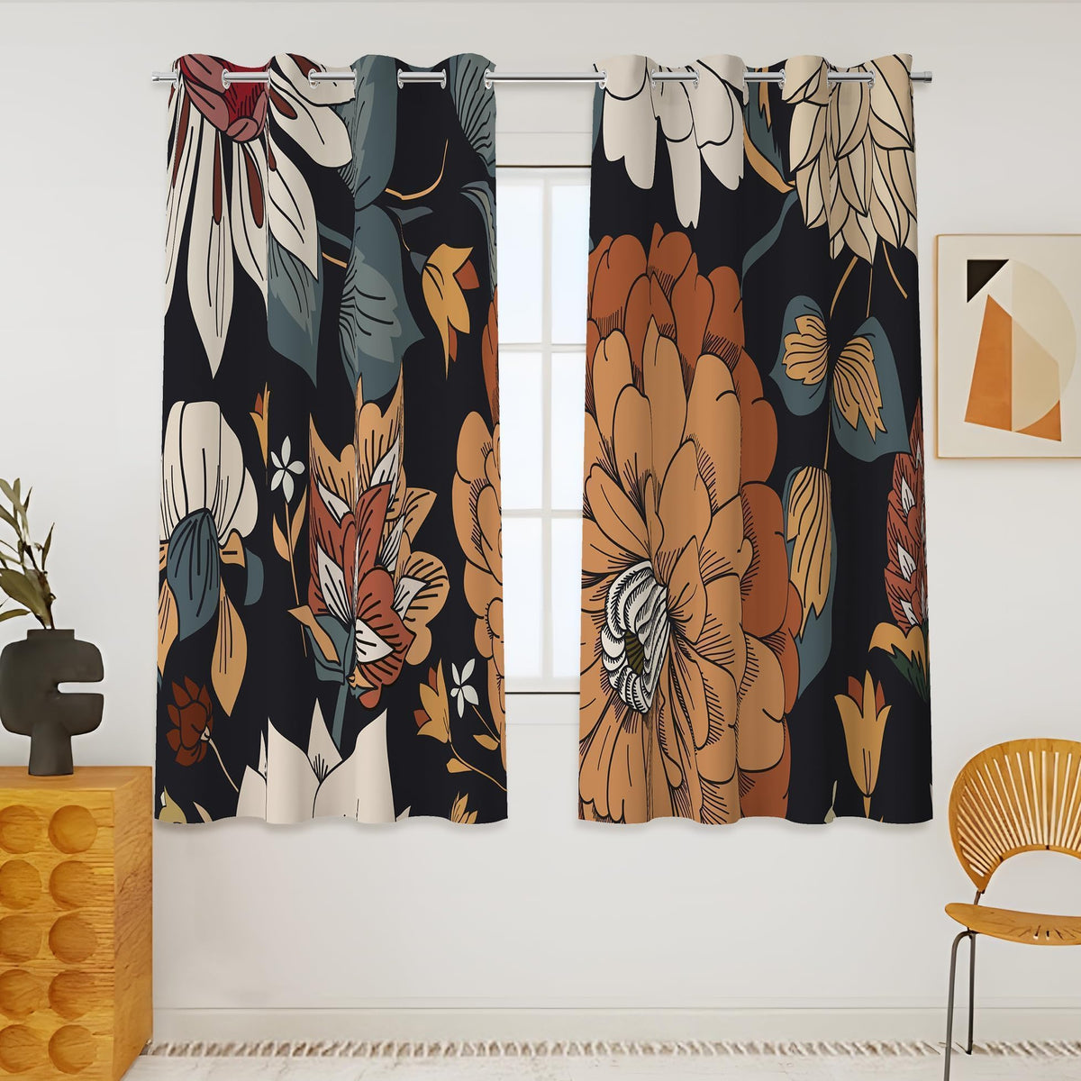 Tyrot Black Boho Floral Grommet Blackout Curtains, 52W x 84L, 2 Panels