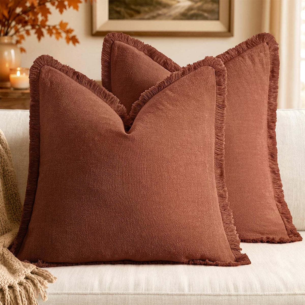 MIULEE Linen Fringe Decorative Fall Throw Pillow Covers Cocoa Brown 18x18