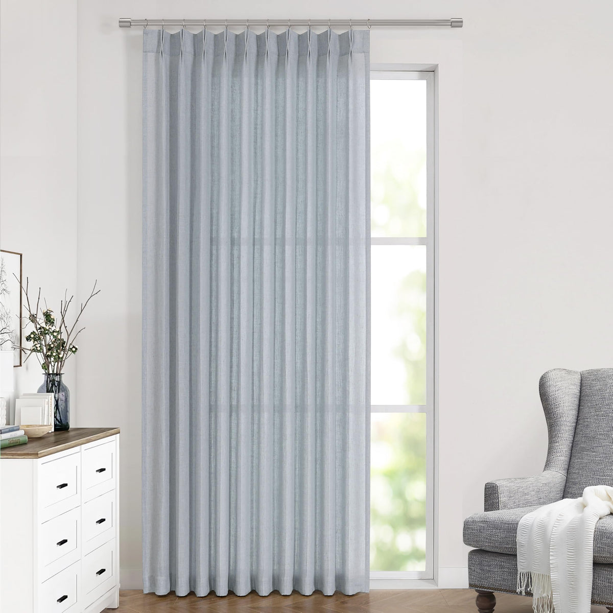 Vision Home Natural Linen Pinch Pleated Semi Sheer Curtains 42Wx90Lx2
