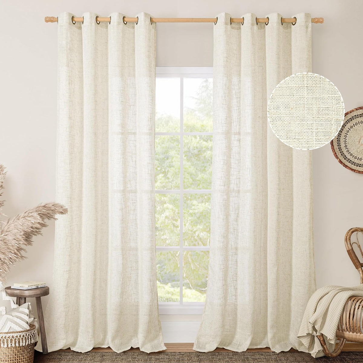 LAMIT Cream Ivory Linen Semi Sheer Curtains 84 inch Length for Bedroom