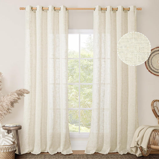 LAMIT Cream Ivory Linen Semi Sheer Curtains 84 inch Length for Bedroom