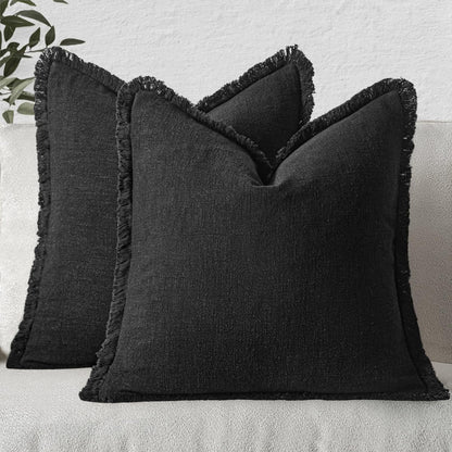MIULEE Linen Fringe Decorative Fall Throw Pillow Covers Cocoa Brown 18x18