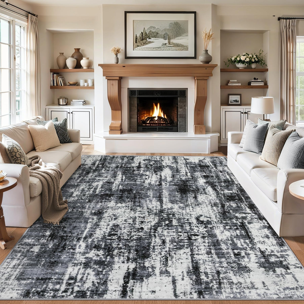 PLHXFR 8x10 Area Rug Living Room: Modern Abstract Washable Carpet Grey