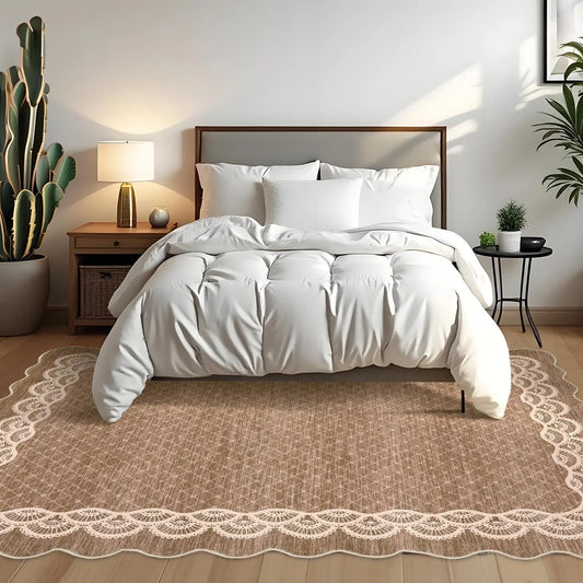 Scalloped Washable 8x10 Rugs for Living Room, Large Modern Bedroom Carpet with Non-Slip Backing, Non Shedding Low Pile Neutral Rug, Washable Scalloped Carpet for Farmhouse, Brown