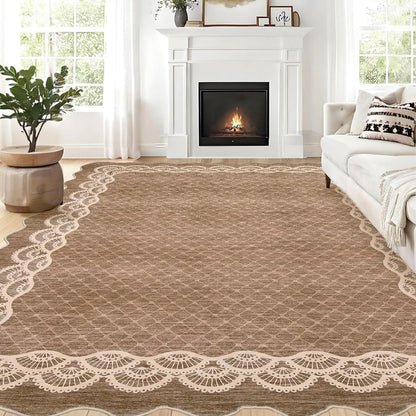 Scalloped Washable 8x10 Rugs for Living Room, Large Modern Bedroom Carpet with Non-Slip Backing, Non Shedding Low Pile Neutral Rug, Washable Scalloped Carpet for Farmhouse, Brown