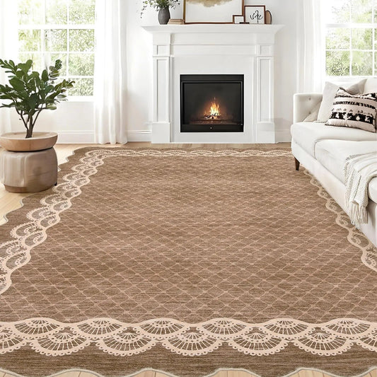 Scalloped Washable 8x10 Rugs for Living Room, Large Modern Bedroom Carpet with Non-Slip Backing, Non Shedding Low Pile Neutral Rug, Washable Scalloped Carpet for Farmhouse, Brown
