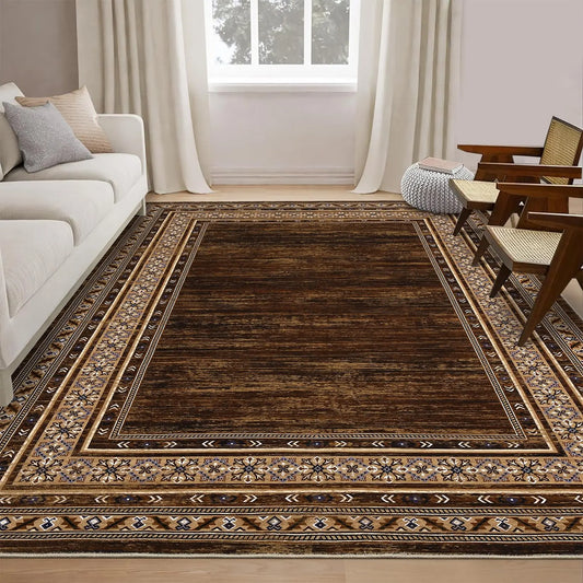 GARVEEBordered Red-Brown 4x6 Washable Modern Geometric Rug - Soft, Non-Slip, Ultra-Thin, Stain-Resistant Fabric - Machine Washable, Durable - Living Room, Bedroom, Playroom