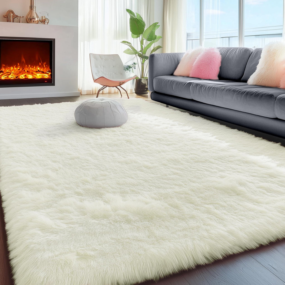 Fluffy Grey Rug for Bedroom 4x6, Modern Area Rugs for Kids Room Living Room