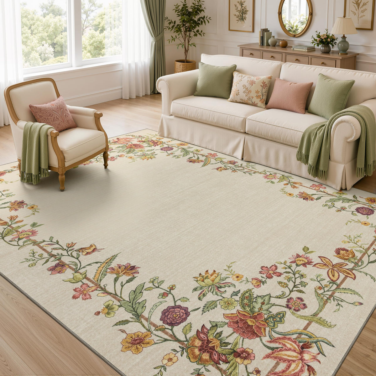 JOLLYVOGUE Washable 8x10 Area Rug for Living Room, Vintage Floral, Beige