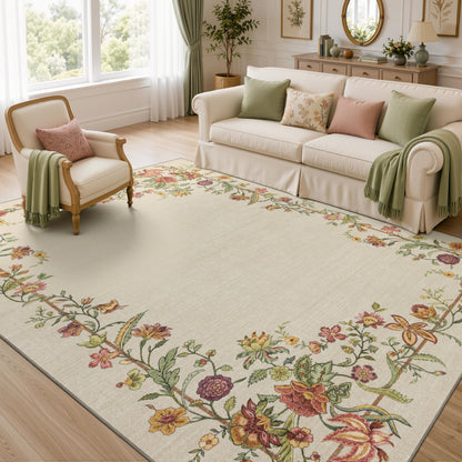 JOLLYVOGUE Washable 8x10 Area Rug for Living Room, Vintage Floral, Beige