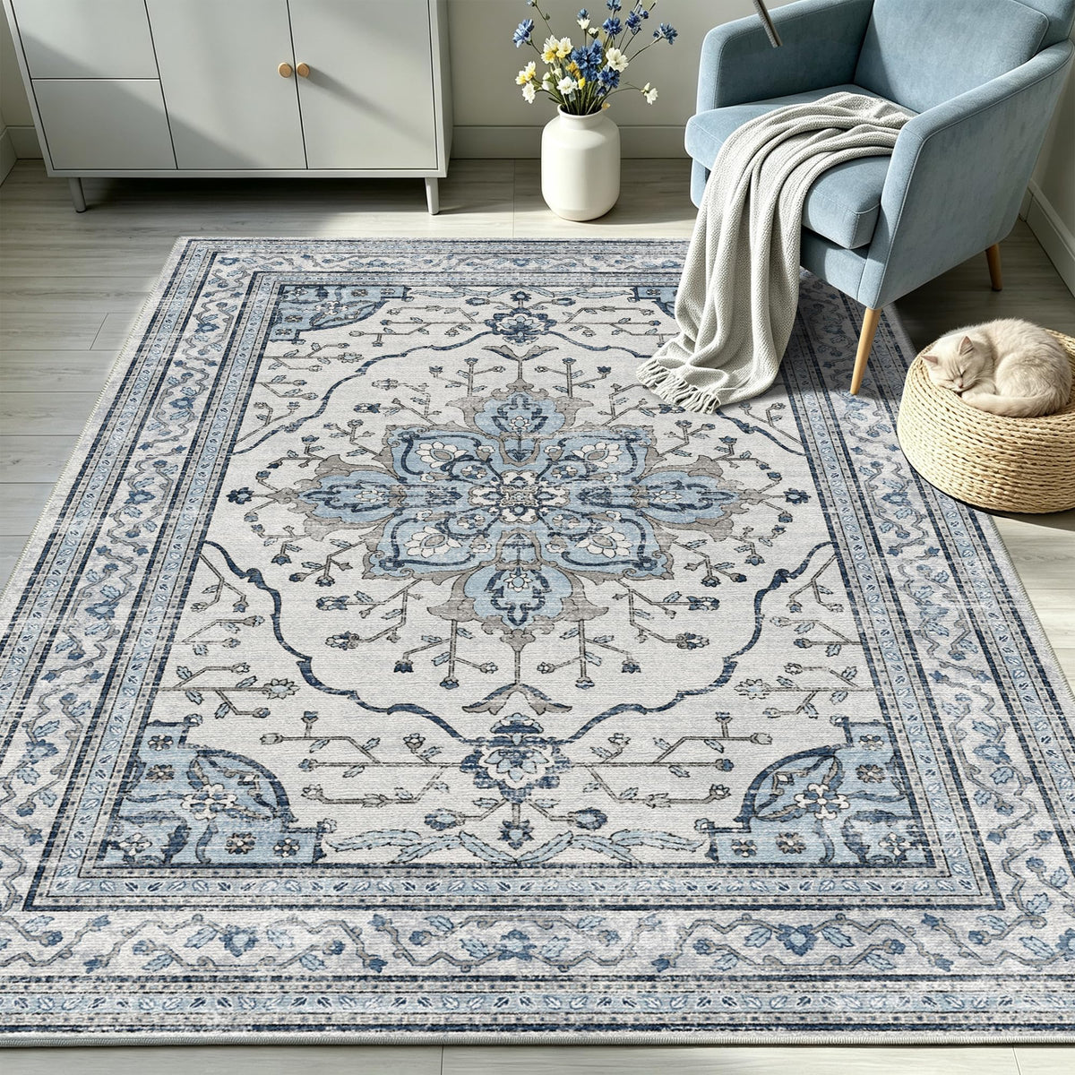 YARNSCAPE 5' x 7' Machine Washable Area Rug, Non-Slip Low-Pile Carpet