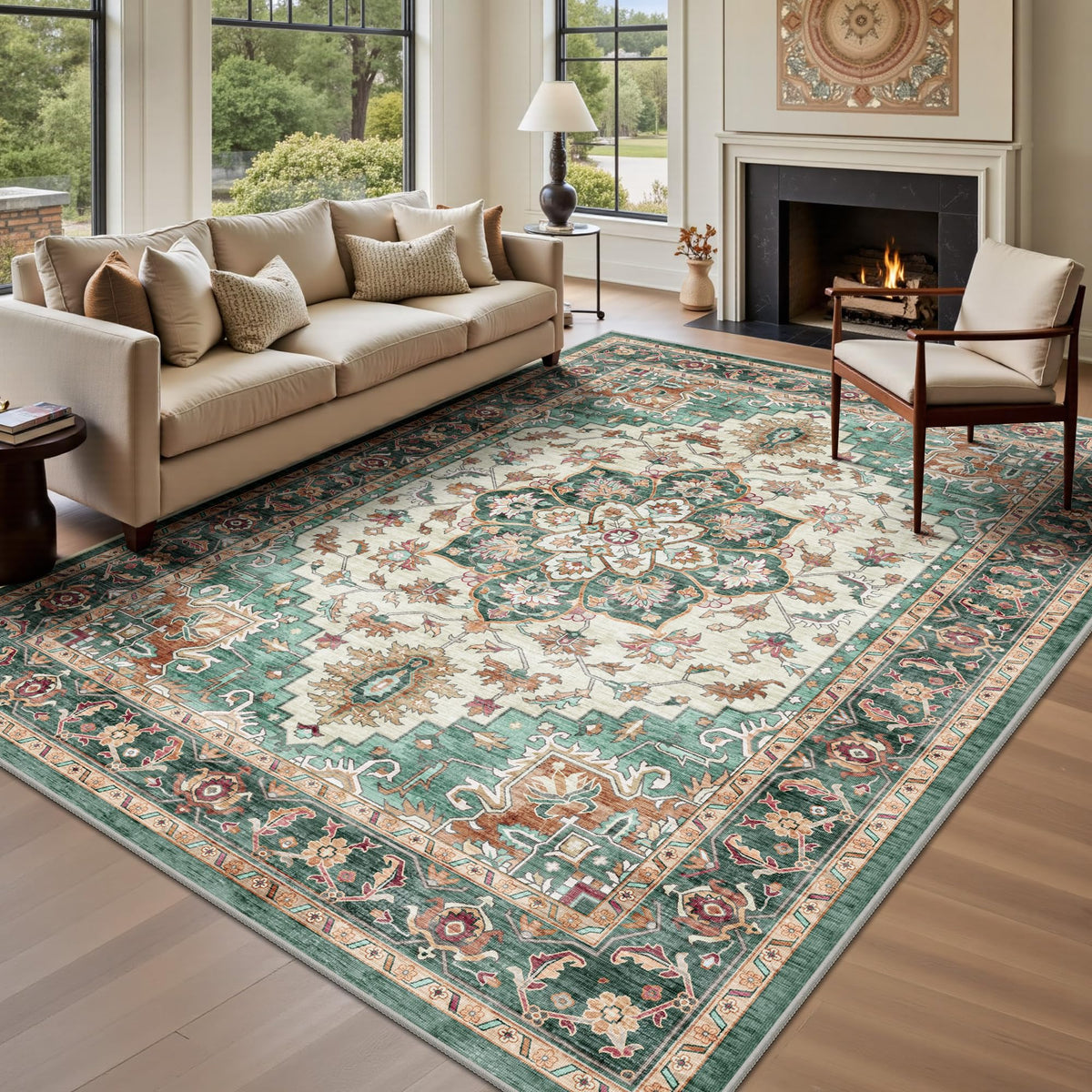 8x10 Area Rugs for Living Room - Washable Vintage Retro Large Rug, Soft Ultra Thin Non Slip Low Pile Traditional Distressed Boho Carpet for Bedroom Dining Room Home Office, Rust Clay