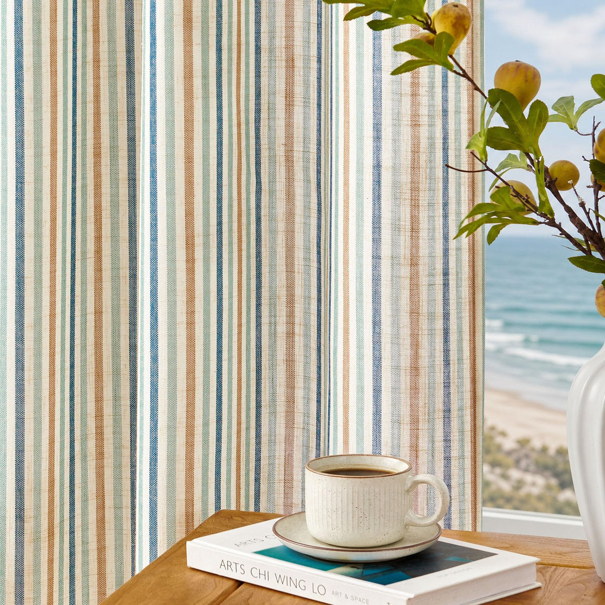 Vangao Linen Curtains for Living Room, Striped Blue Curtains 84L, 2 Panels