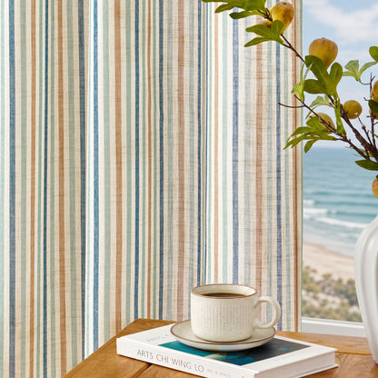 Vangao Linen Curtains for Living Room, Striped Blue Curtains 84L, 2 Panels