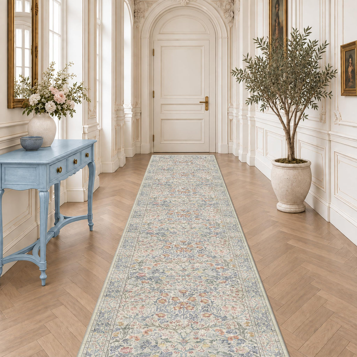 Floral Dark Green Washable Area Rugs 8x10, Vintage Living Room Rug