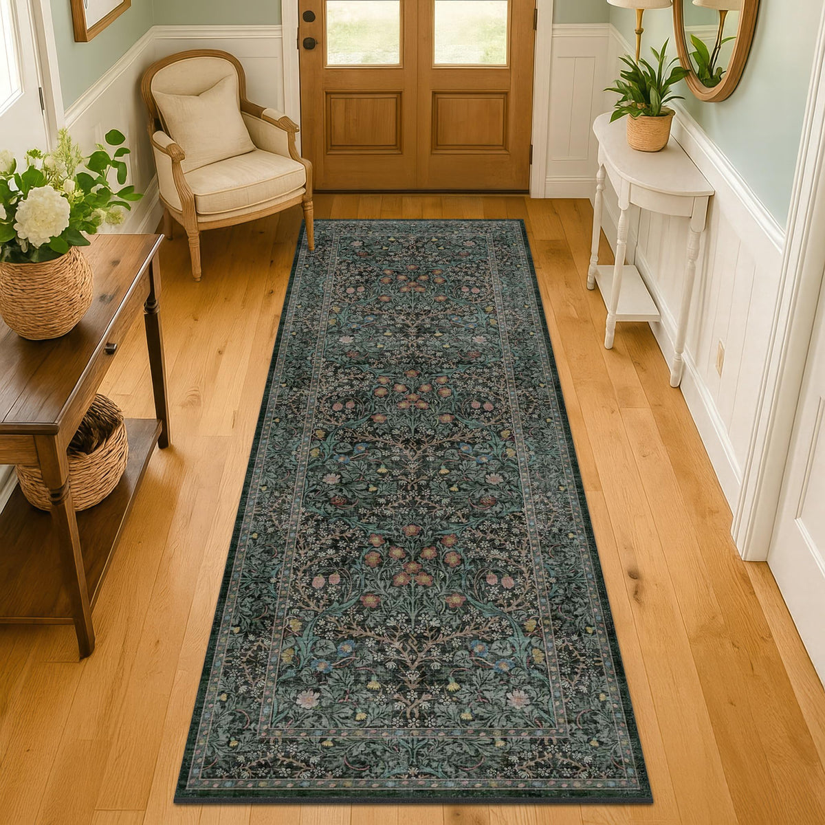 Floral Dark Green Washable Area Rugs 8x10, Vintage Living Room Rug