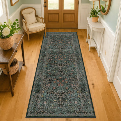 Floral Dark Green Washable Area Rugs 8x10, Vintage Living Room Rug