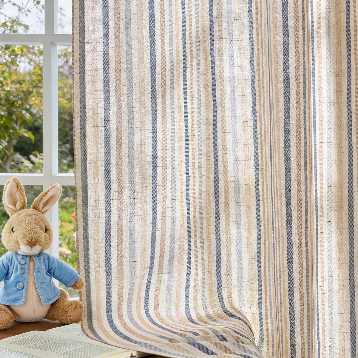 Vangao Linen Curtains for Living Room, Striped Blue Curtains 84L, 2 Panels