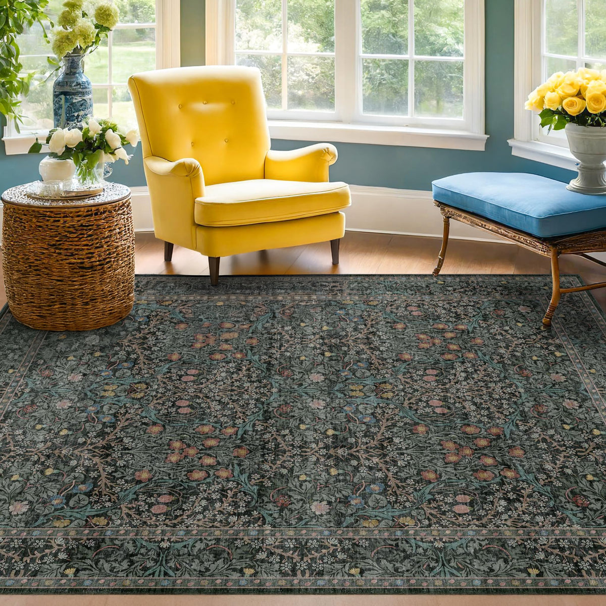 Floral Dark Green Washable Area Rugs 8x10, Vintage Living Room Rug