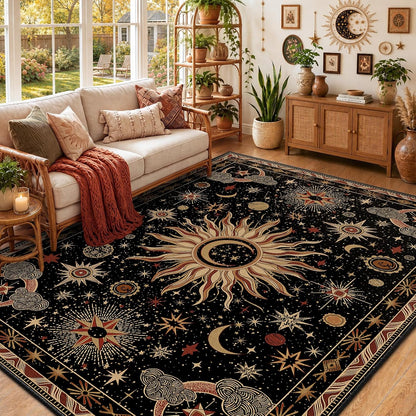 Vacuum-Friendly, 5x7 Washable Area Rug, Black Gold Beige Red