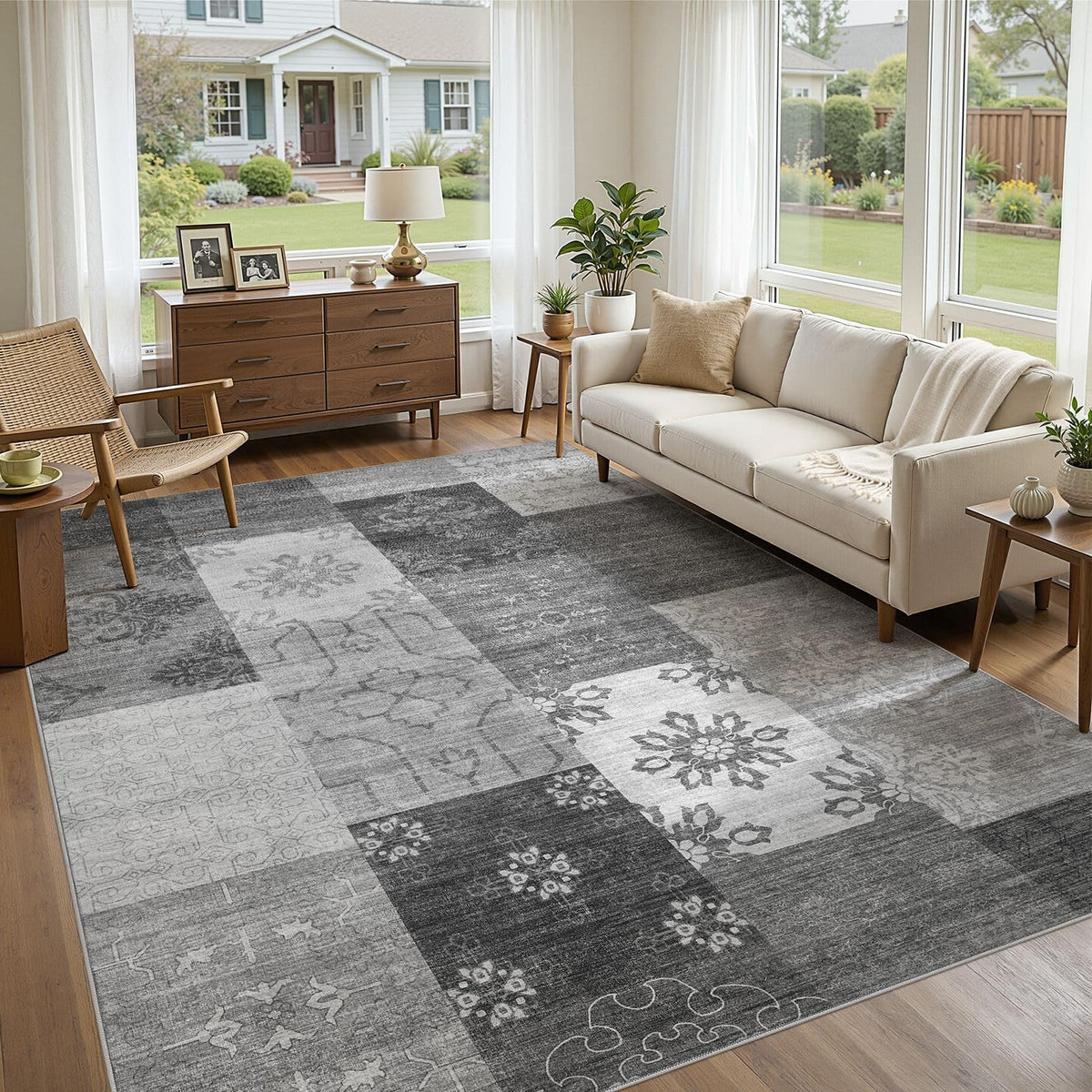 UERMEI 8x10 Area Rug Living Room Rugs - Washable Neutral Modern Abstract Soft Thin Large Rug Indoor Floor No Slip Rug Carpet for Bedroom Under Dining Table Home Office Decor - Brown Grey