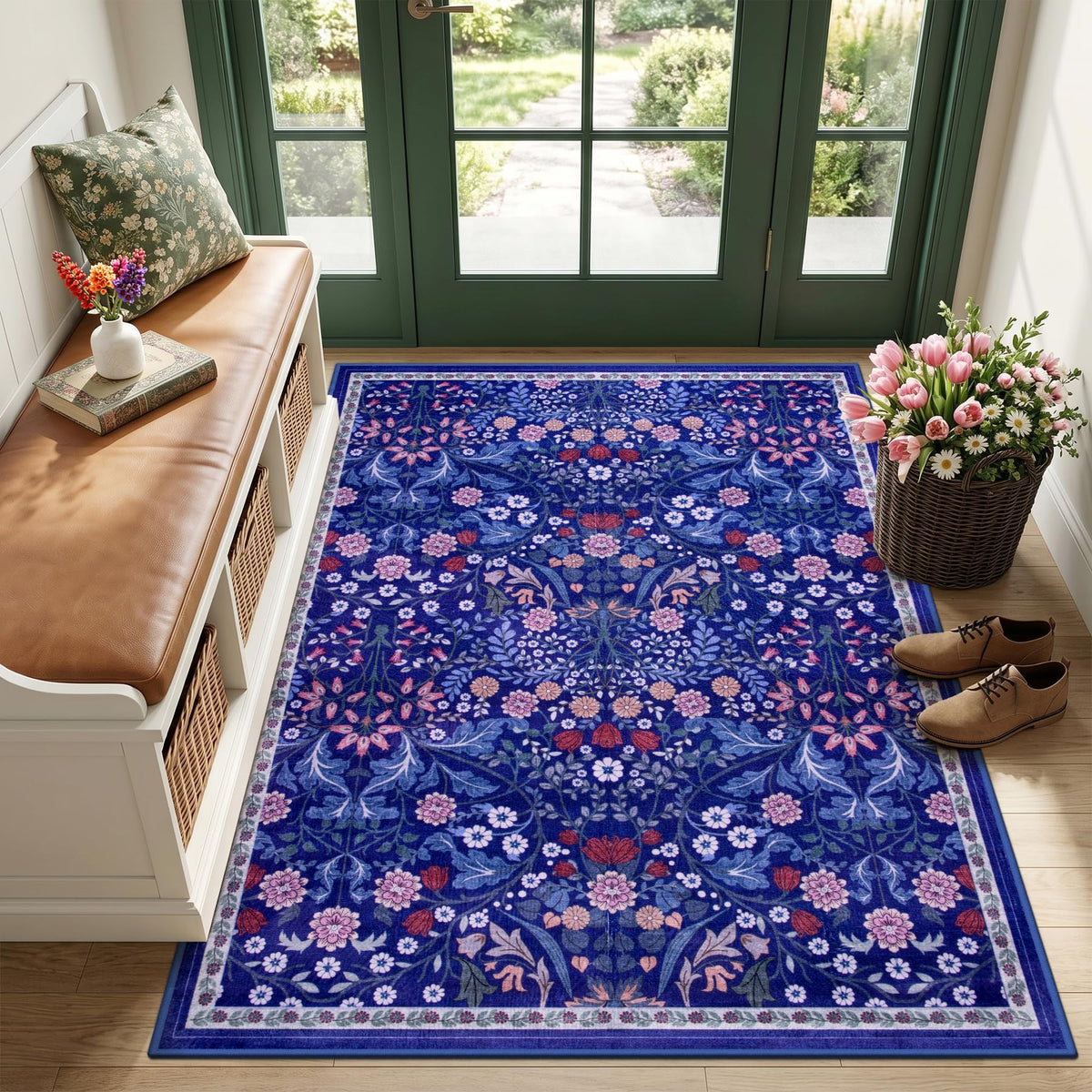 PLHXFR 8x10 Area Rug Living Room: Floral Washable Boho Carpet Dark Green