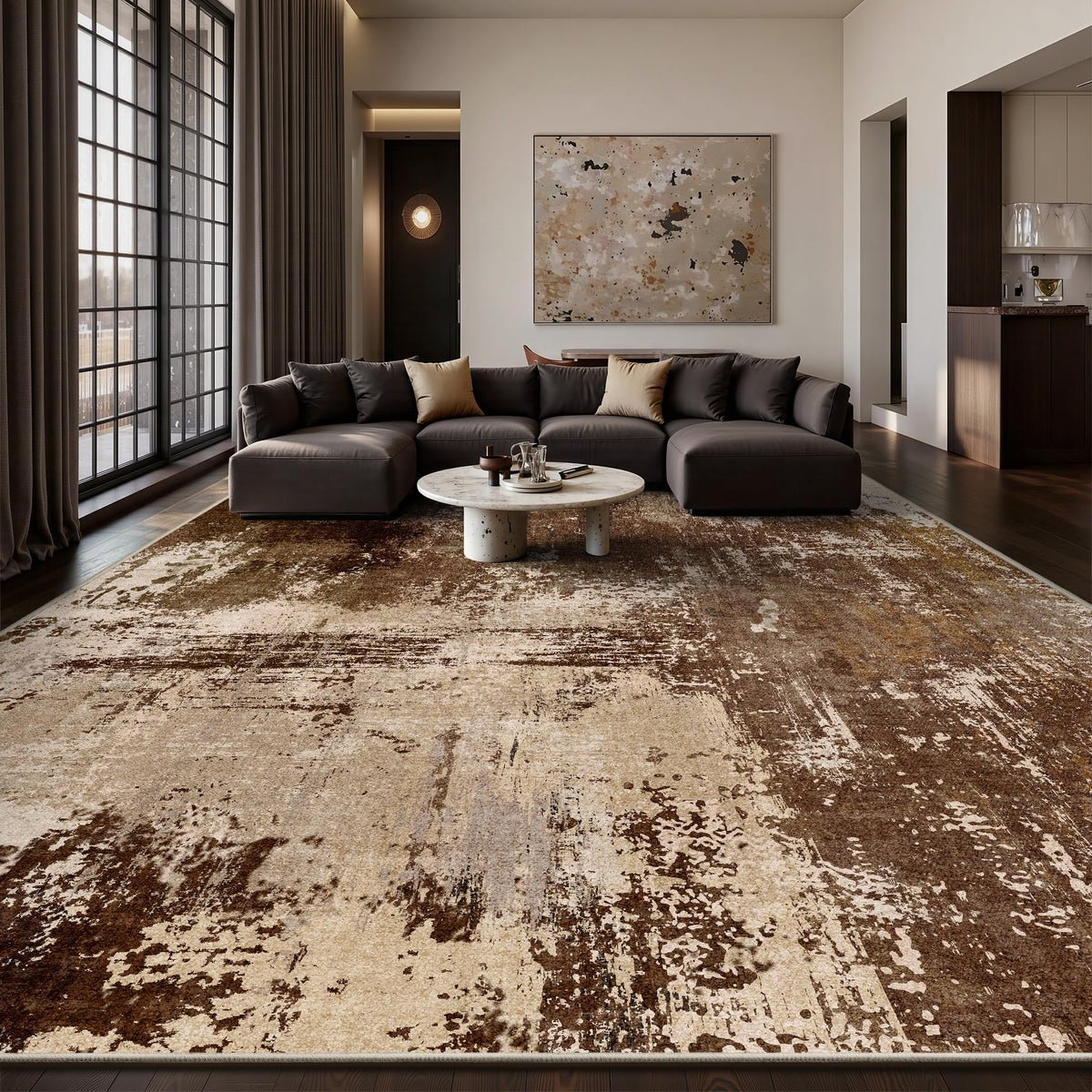 8x10 Rugs for Living Room - Modern Abstract Low Pile Washable Rug, Ultra Soft Non Slip Large Rugs, Floor Carpet for Bedroom Dining Room Office Laundry Nursery Home(Brown)