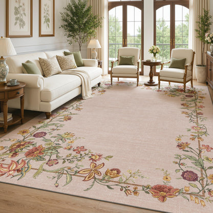JOLLYVOGUE Washable 8x10 Area Rug for Living Room, Vintage Floral, Beige