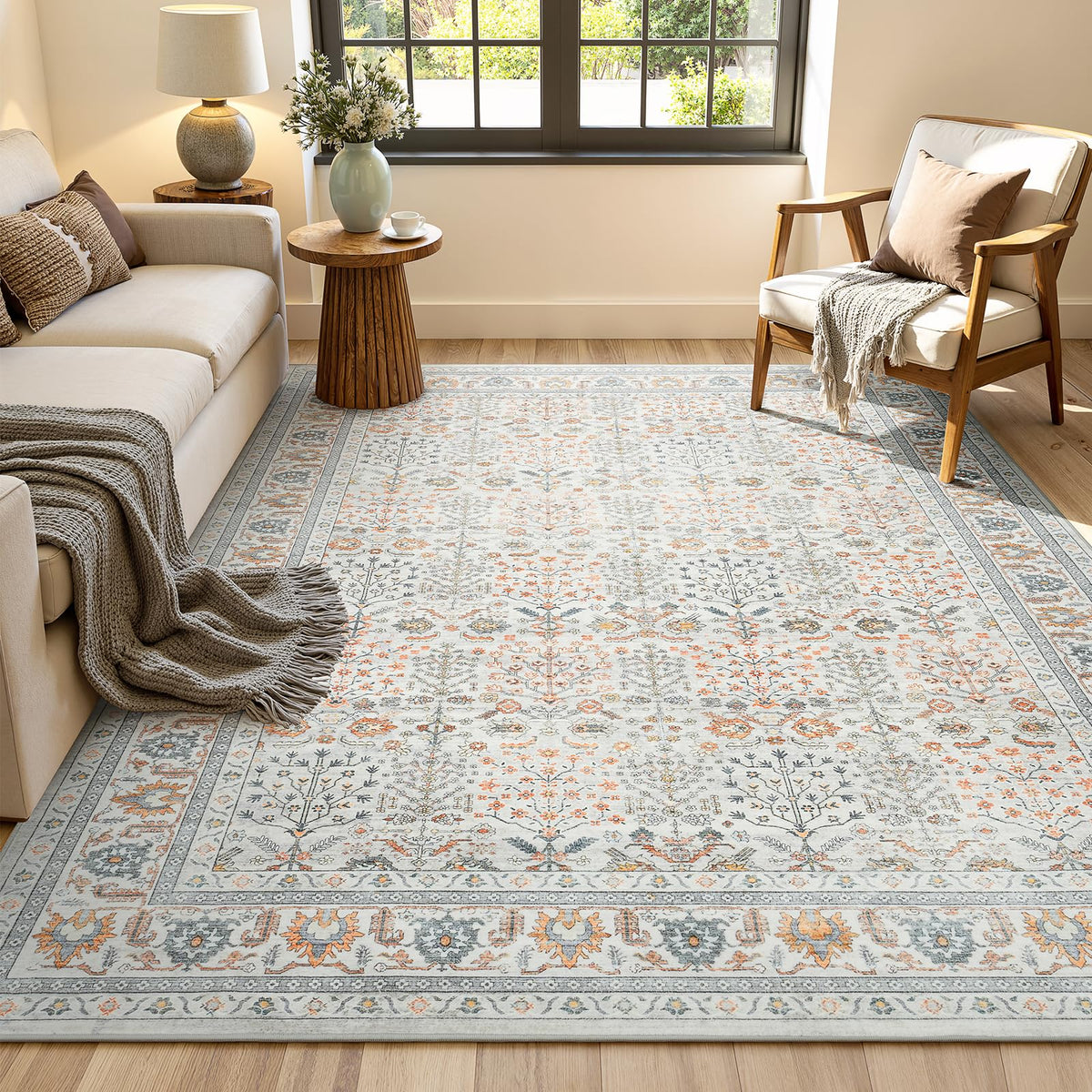 Lofus 9x12 Washable Area Rug for Living Room, Non-Slip Green Boho Carpet