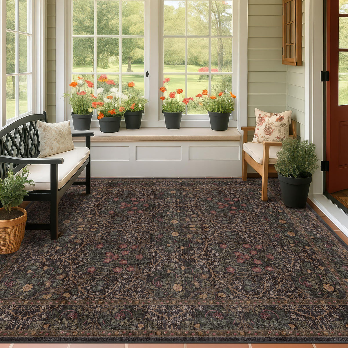 Floral Dark Green Washable Area Rugs 8x10, Vintage Living Room Rug