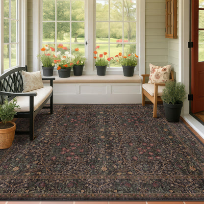 Floral Dark Green Washable Area Rugs 8x10, Vintage Living Room Rug