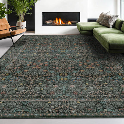 Floral Dark Green Washable Area Rugs 8x10, Vintage Living Room Rug