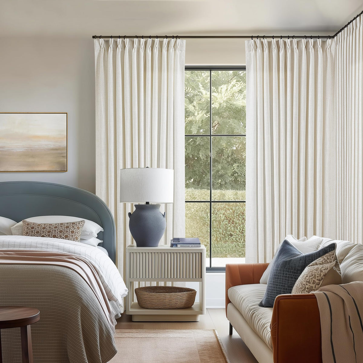 TWODRAPES Natural Pinch Pleated Linen Semi Sheer 84 Inch Curtains 2 Panels