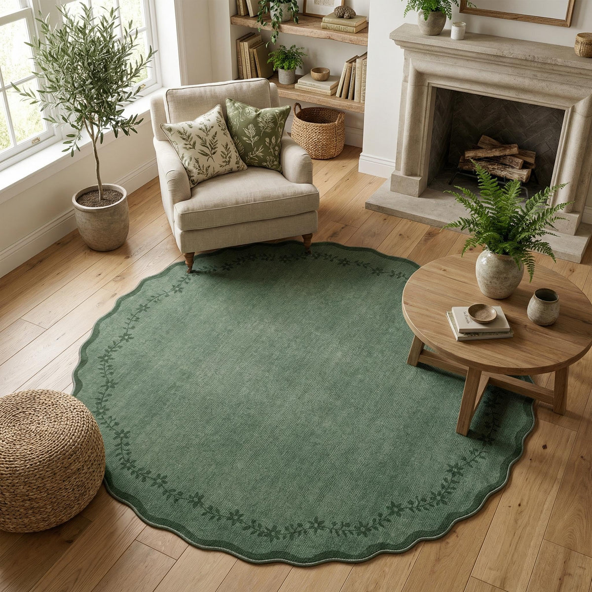 GarveeHome 5x7 Scalloped Area Rug Jute Washable Bedroom Living Room Rug