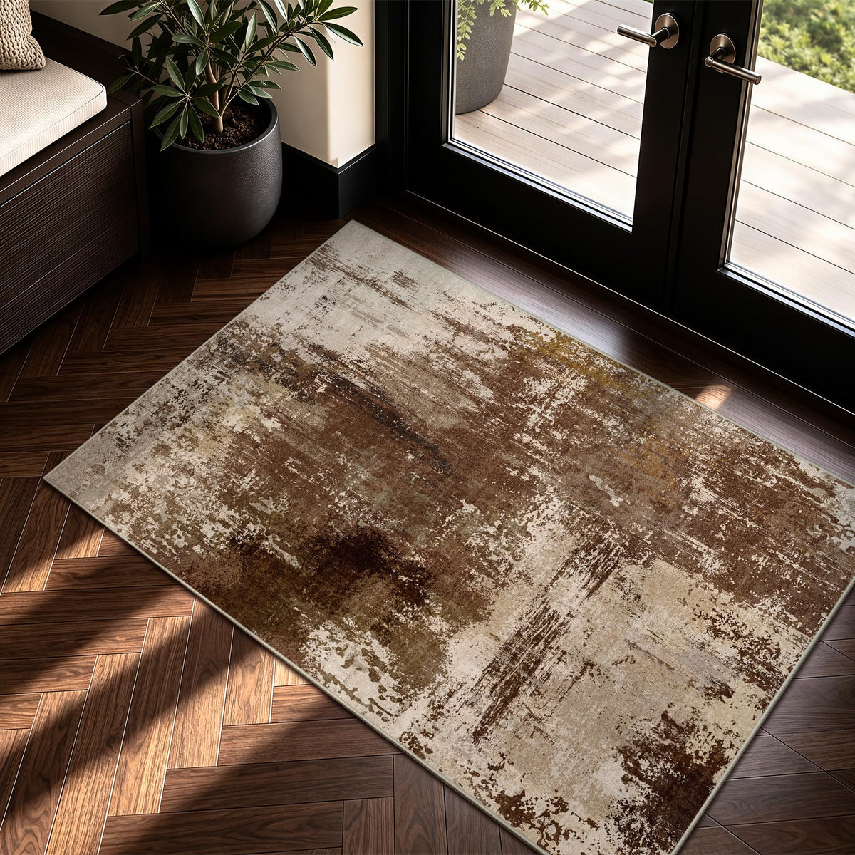 8x10 Rugs for Living Room - Modern Abstract Low Pile Washable Rug, Ultra Soft Non Slip Large Rugs, Floor Carpet for Bedroom Dining Room Office Laundry Nursery Home(Brown)