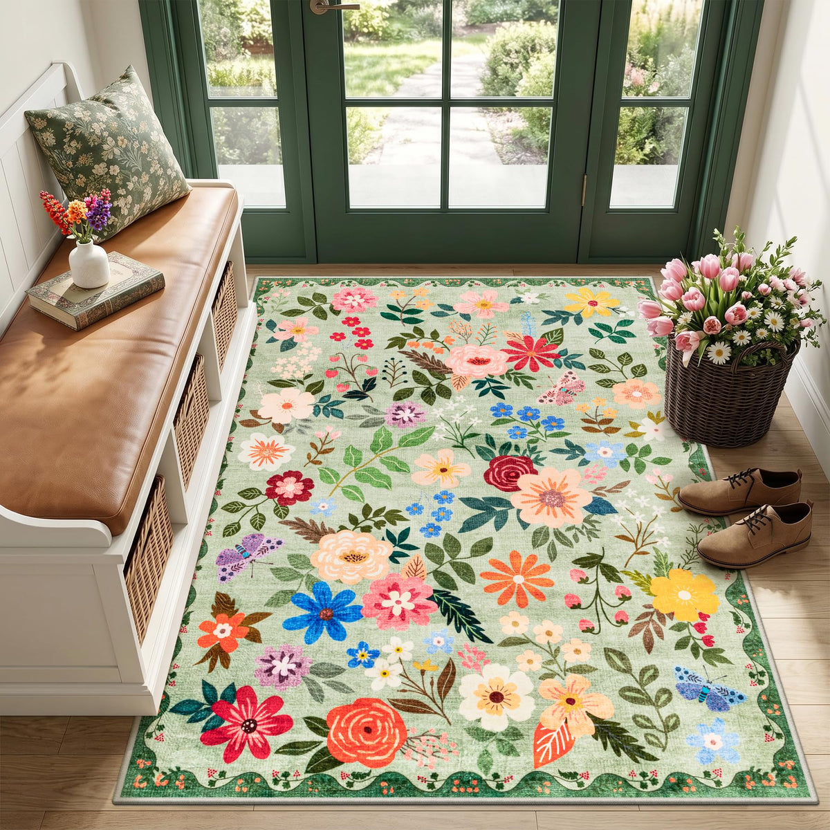 PLHXFR 8x10 Area Rug Living Room: Floral Washable Boho Carpet Dark Green