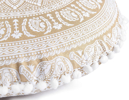 Popular Handicrafts Floor Pillow Cushion Cover - Hippie Elephant Mandala Cushion Cover Large Cotton - Pouf Cover Round Bohemian Yoga Decor, 18" White Gold