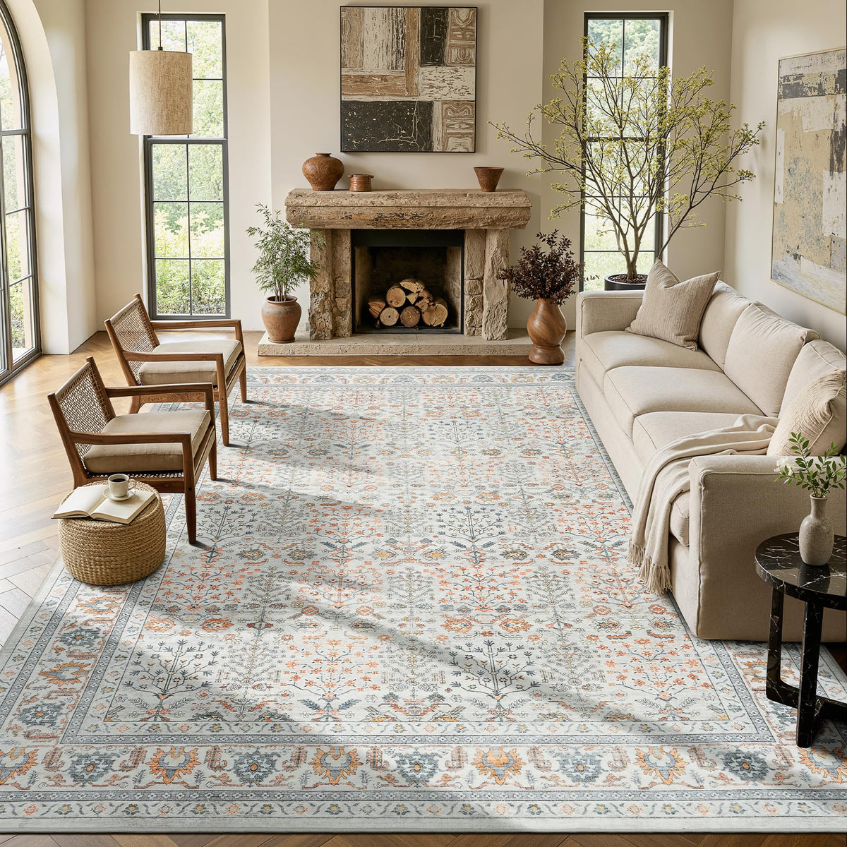 Lofus 9x12 Washable Area Rug for Living Room, Non-Slip Green Boho Carpet