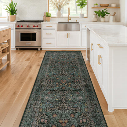 Floral Dark Green Washable Area Rugs 8x10, Vintage Living Room Rug