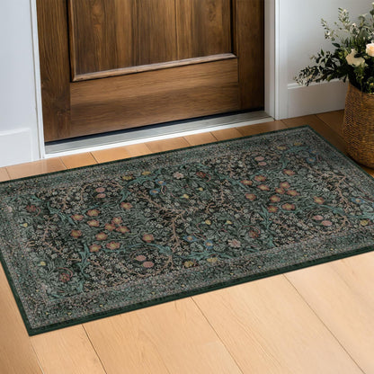 Floral Dark Green Washable Area Rugs 8x10, Vintage Living Room Rug