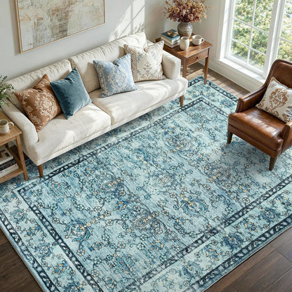 6x9 Ft Abstract Washable Area Rugs for Living Room Blue