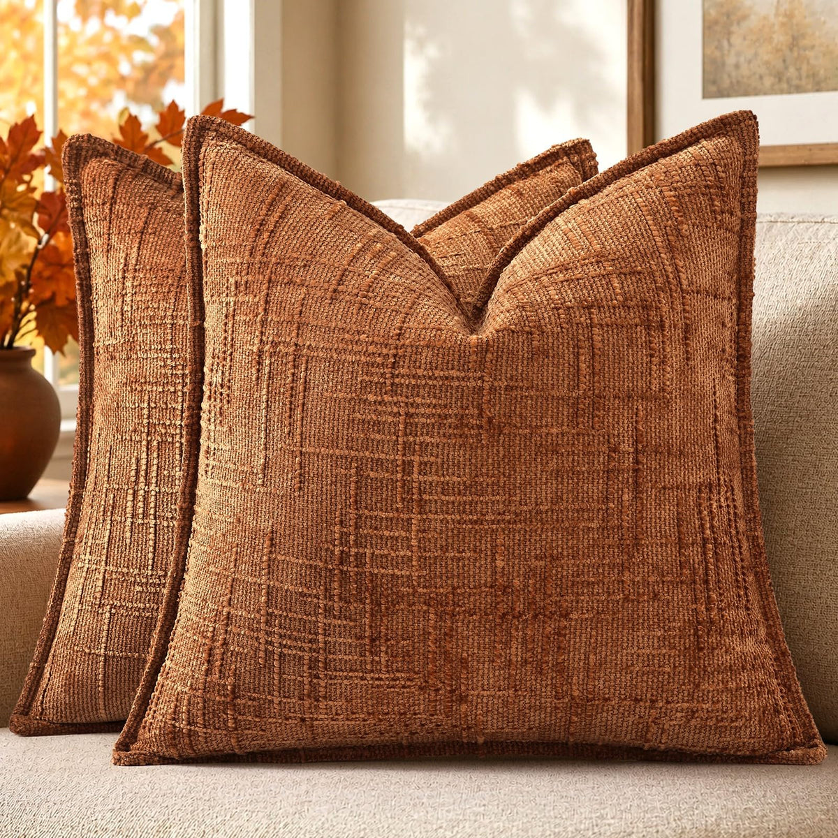 decorUhome Chenille Fall Throw Pillow Covers 18x18 Set of 2, Mustard Yellow