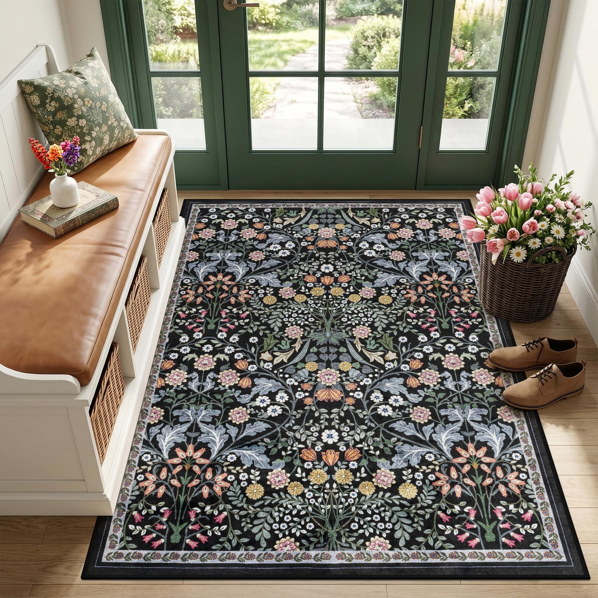 PLHXFR 8x10 Area Rug Living Room: Floral Washable Boho Carpet Dark Green
