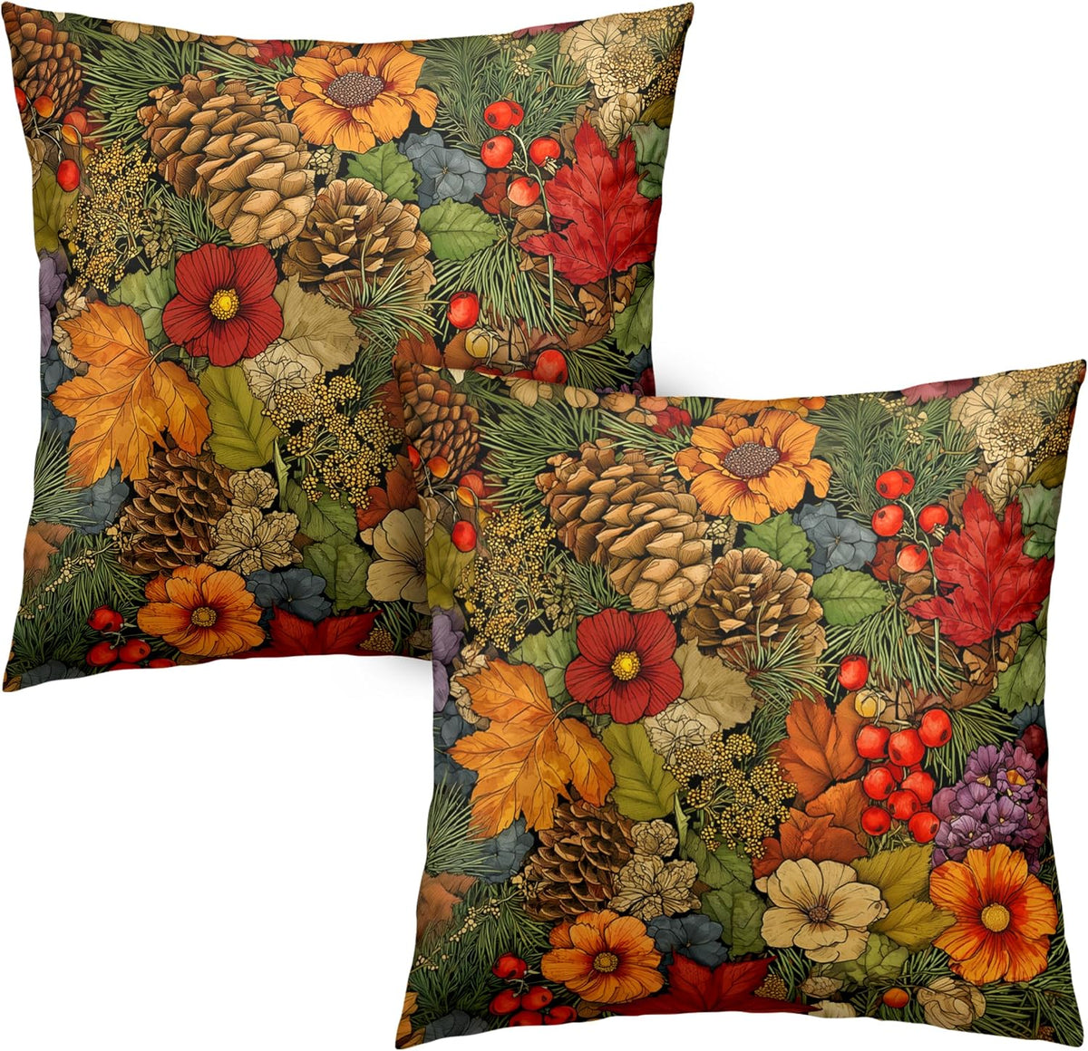 Fall Pillow Covers Autumn Leaf Throw Pillow Covers 18x18 Set of 2 Bohemian Floral Pillow Cases Thanksgiving Berry Pinecones Cushion Cases for Home Farmhouse Sofa Couch Patio